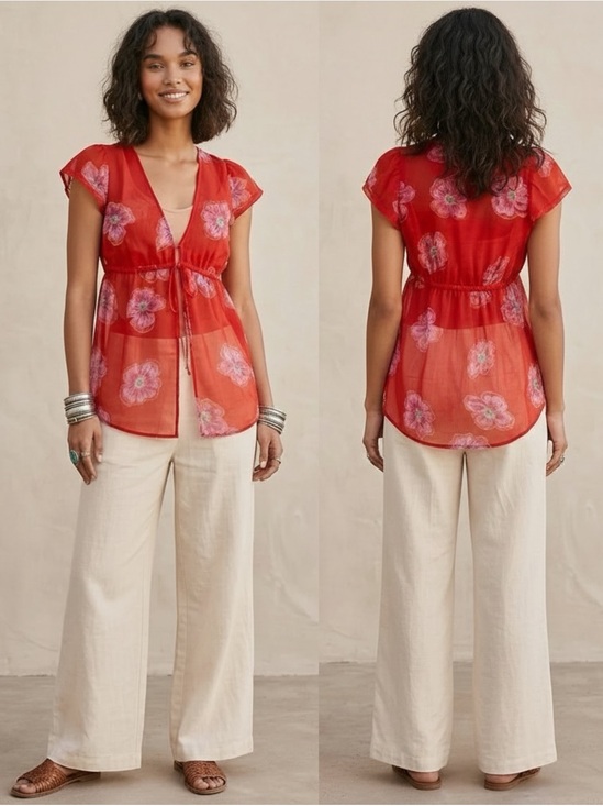 Free People Tops - NWOT Free People Cecile Printed Sheer Floral Tie Front Top Red Pink Size Small